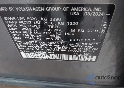2024 Volkswagen Atlas 2.0T Se W/Technology z USA, uszkodzony, nr VIN 1V2HR2CA5RC567940